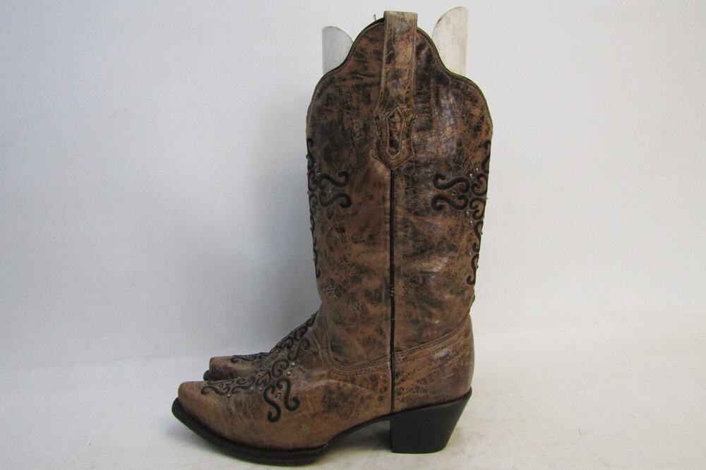 Corral Womens Size 9.5 M Distressed Brown Leather Embroidered Cowboy Boots